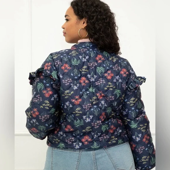 ELOQUII Elements Floral Quilted Puffer Bomber Jacket Ruffle Sleeve Size 26 / 28 - Picture 3 of 15